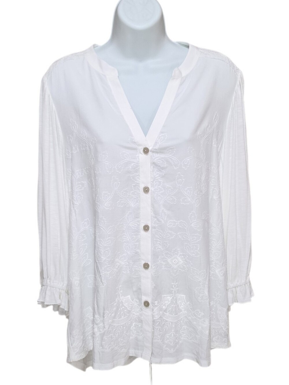 Democracy Floral Embroidered Boho Peasant Top Split V-Neck 3/4 Sleeves White M